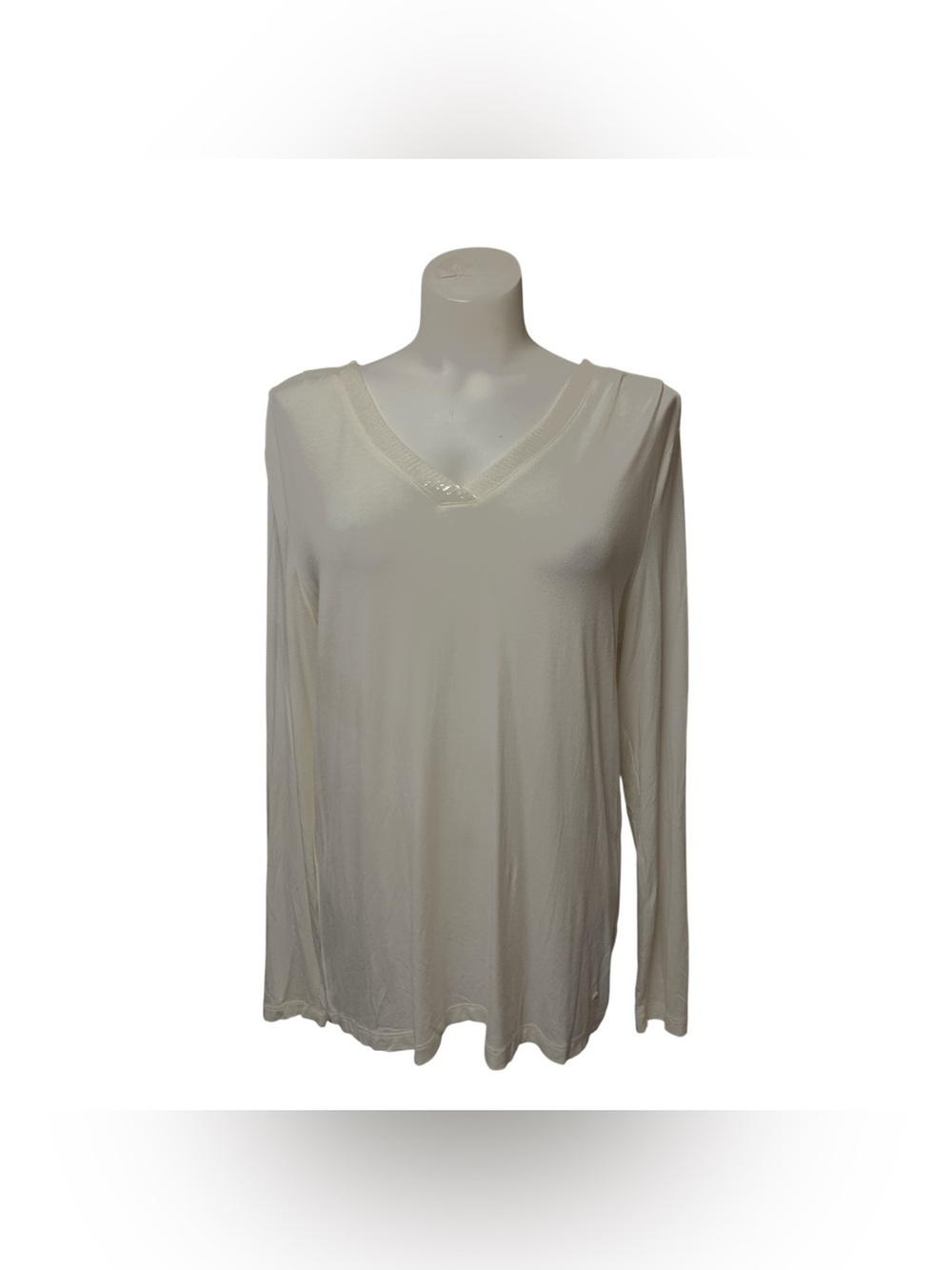 Olsen Classic V-Neck Long Sleeve Tee in Cream Size M